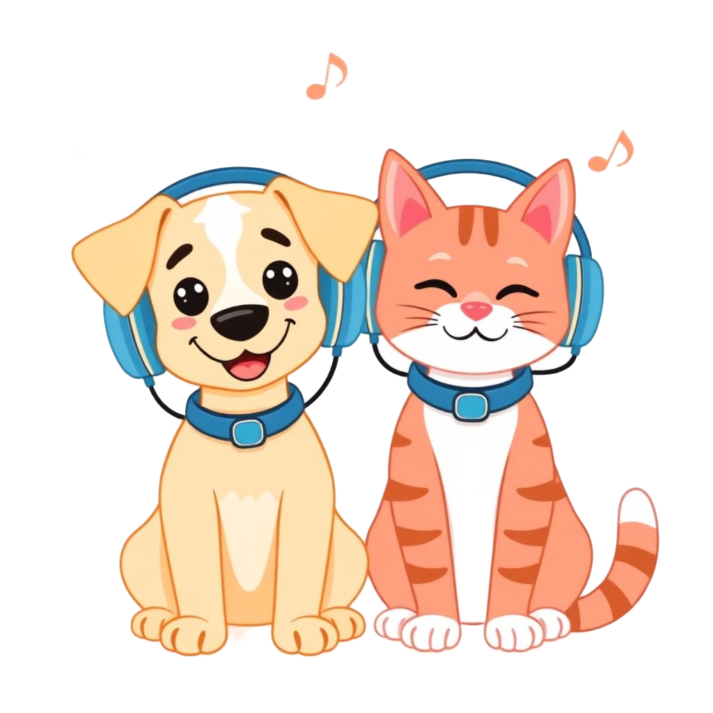 A cheerful cartoon dog and cat wearing headphones